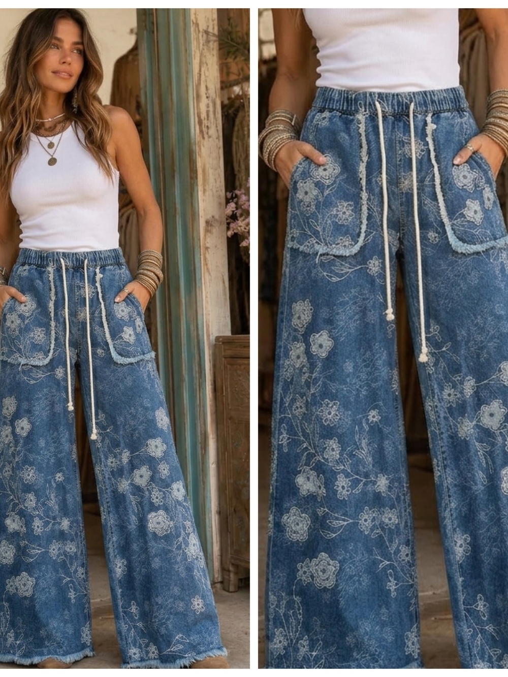 Bohemian Wide-Leg Floral Print Textured Applique Jeans - Blue